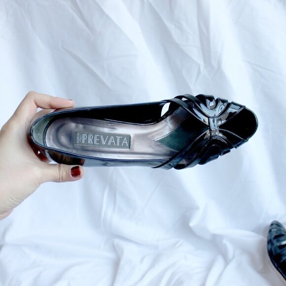 PREVATA  | Vintage Italian Leather Shoes 7 1/2 Black | Open-Toes Kitten Heels - Picture 15 of 15